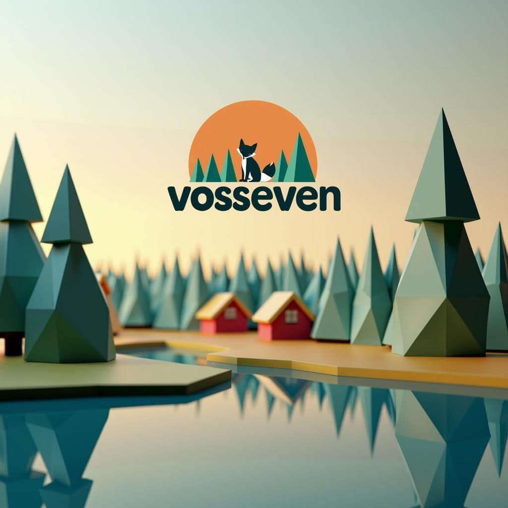 Logo van 't Vosseven met bos en vakantiehuisjes aan het water
